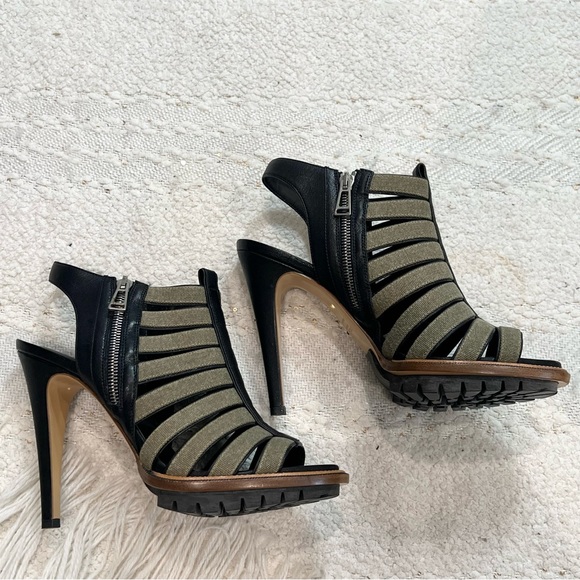 Belstaff Heels Black Leather/Green Canvas Peep Toe Caged Gladiator Sling Backs 8 - Picture 4 of 9